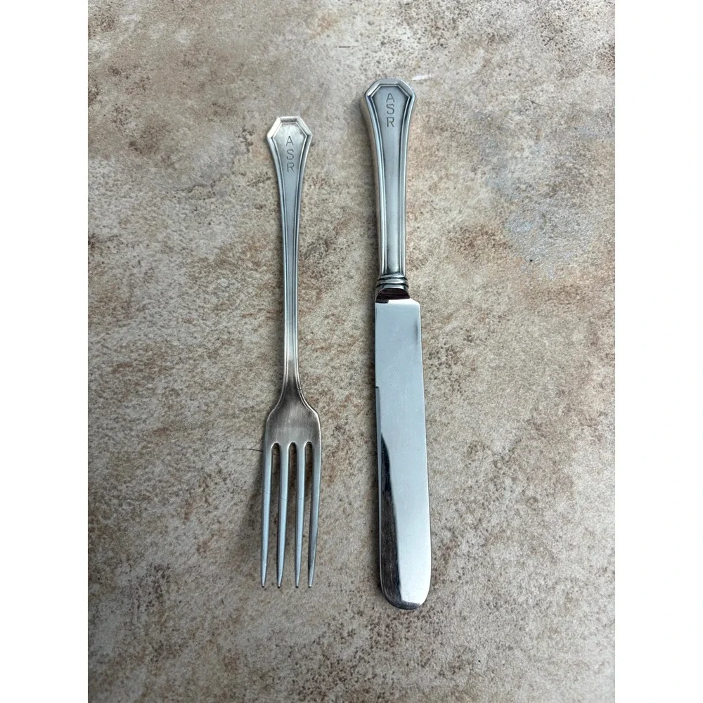 Reed & Barton Pointed Antique Silver Knife and Fork Set Monogram ASR